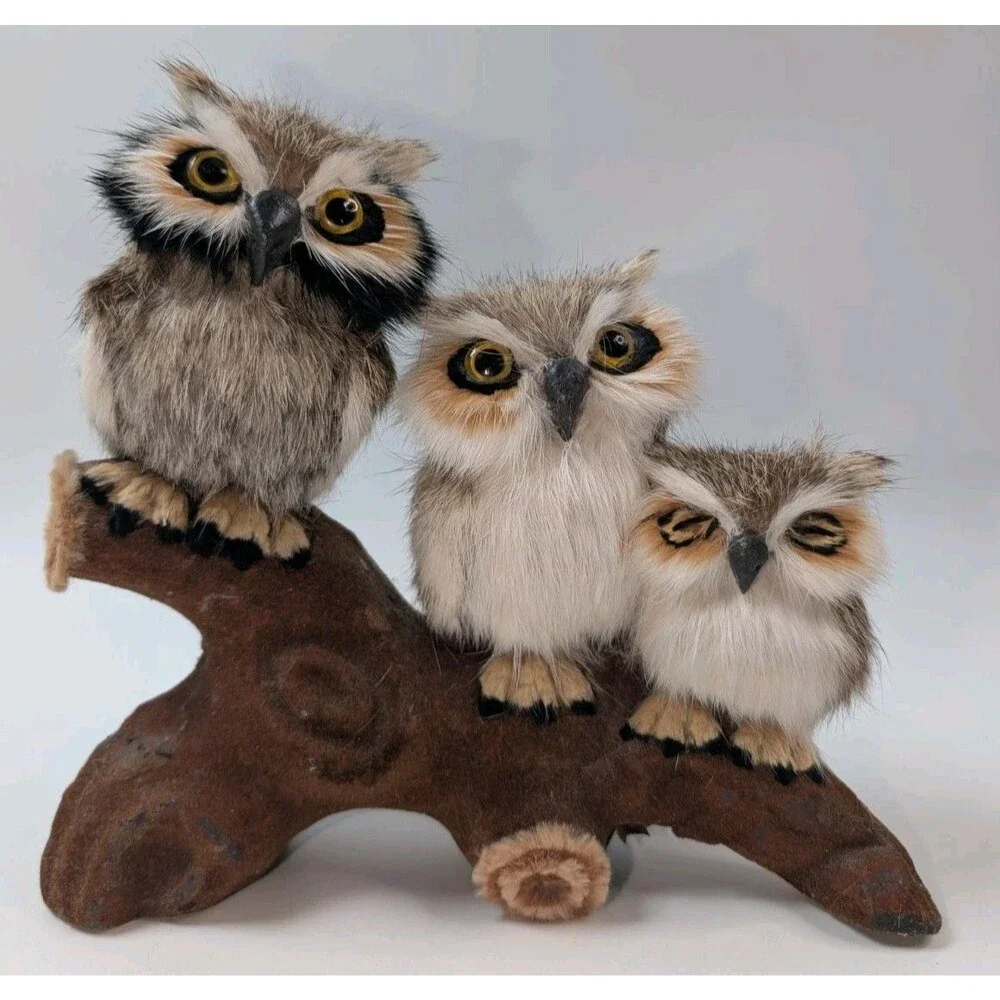 Rustic Owl Figurine Trio on Wood Branch Base Cabin Decor 3 Owls Folk Art